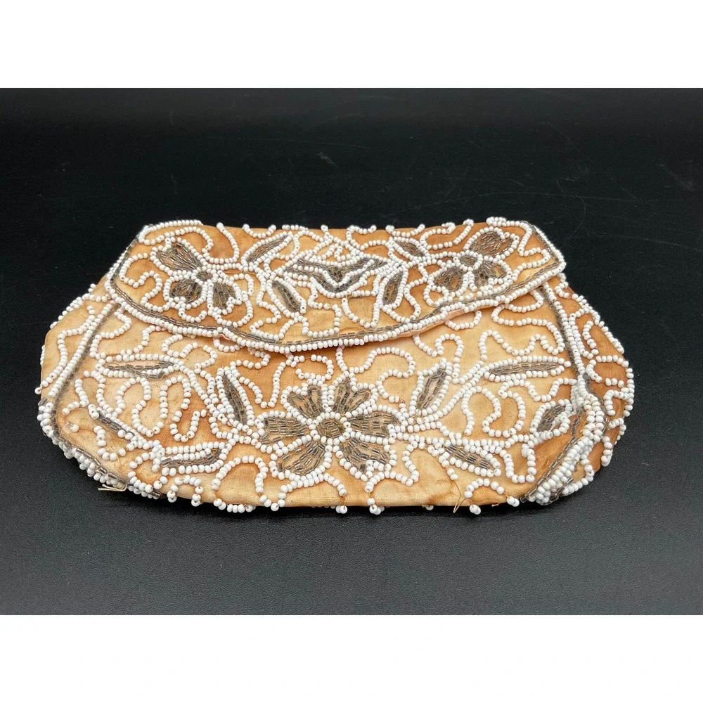 Vintage Beaded Evening Bag Clutch Purse White Floral Pink Lining